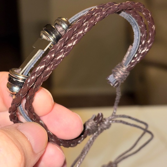 Men's Brown Leather Bracelet with Silver Accents. - Picture 3 of 6